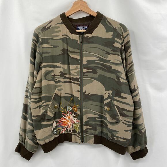 Johnny Was M Camo Silk Embroidered Bomber Jacket - Picture 2 of 5